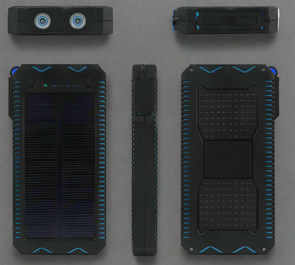 Black and blue solar power bank with multiple views on a white background