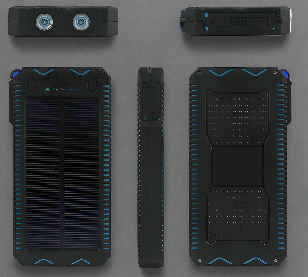 Black and blue solar power bank with multiple views on a white background