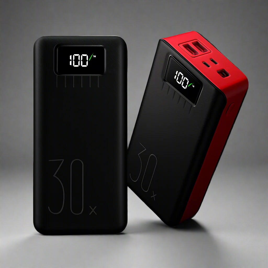 Two power banks, one black and one red with digital displays, on a dark background.